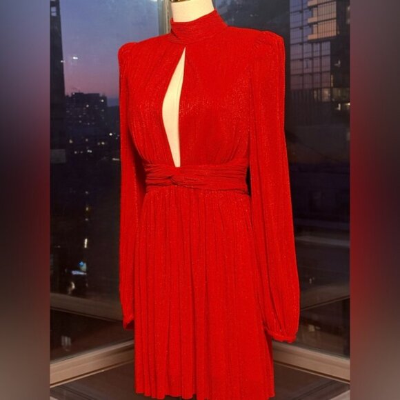 🆕 REBECCA VALLANCE 🧿 NWOT Samantha Cutout Metallic PlisseTulle Mini, Red, Sz 4 - Picture 4 of 16